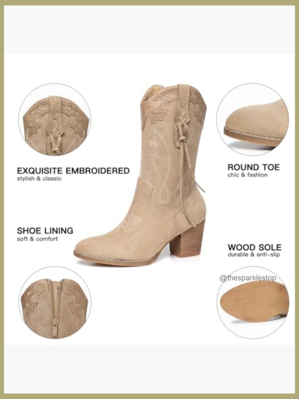 Western Cowgirl Mid Calf Boots with Embroidery and Zip Closure - Picture 4 of 7